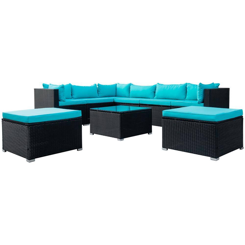 Contracted 9-Pieces Wicker Patio Conversation Set with Blue Cushions ...