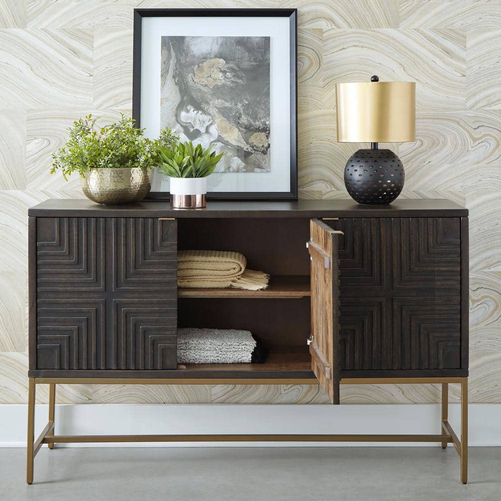 Elinmore 58" Brown and Gold Geometric Accent Cabinet