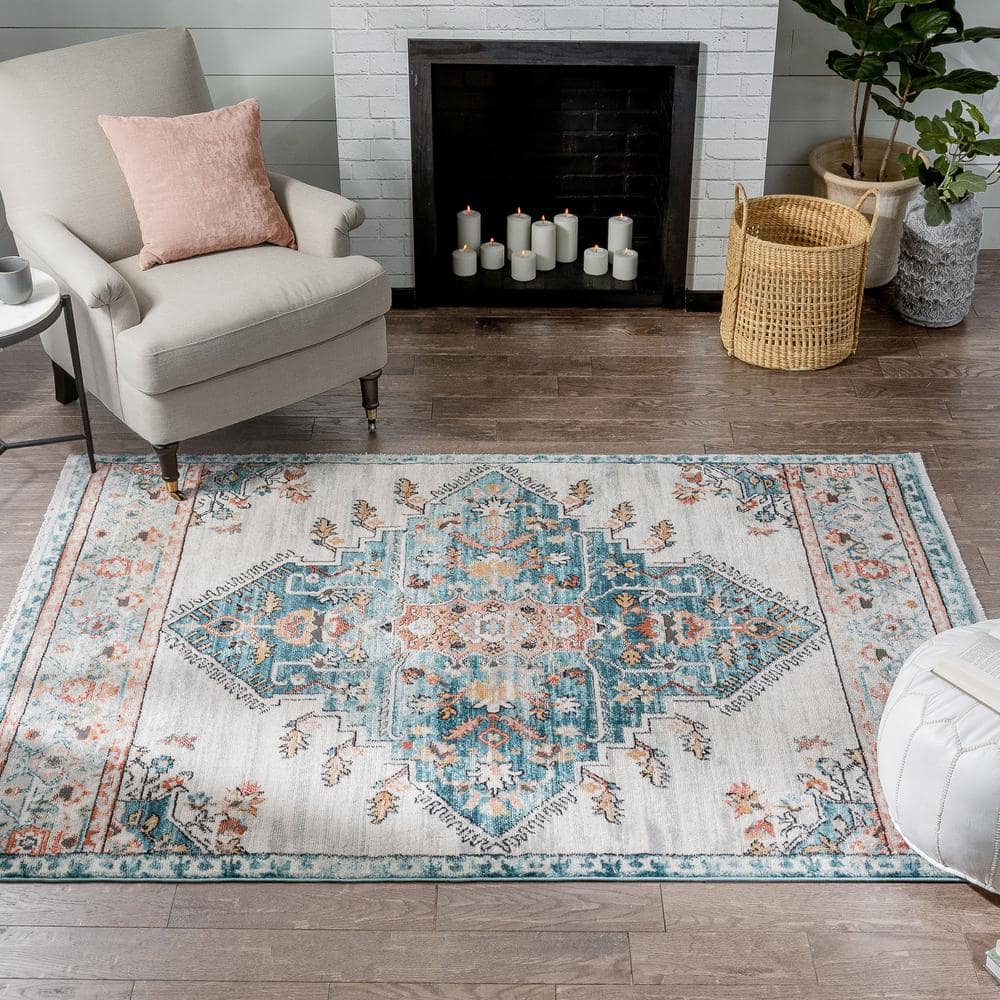 Oriental Blue Synthetic 5' x 7' Easy-Care Stain-Resistant Area Rug
