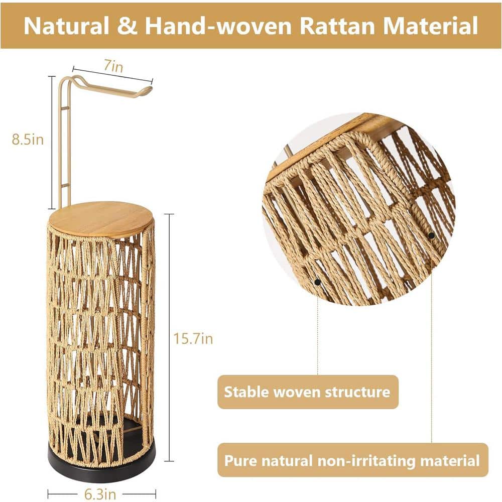 Brown Wicker Freestanding Toilet Paper Holder with Storage