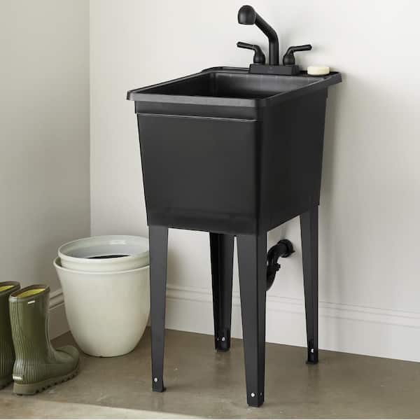 23.25 in. D x 17.75 in. W Freestanding Laundry/Utility Sink in Black with Black Pullout Faucet