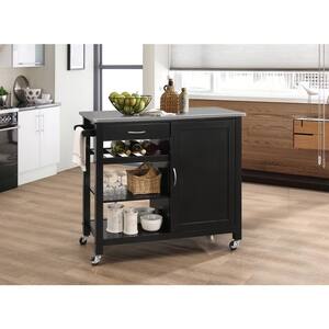 42 in. Wide Modern Mobile Black Kitchen Island Cart Storage Cabinets and Locking Wheels with Stainless Steel Finish Top