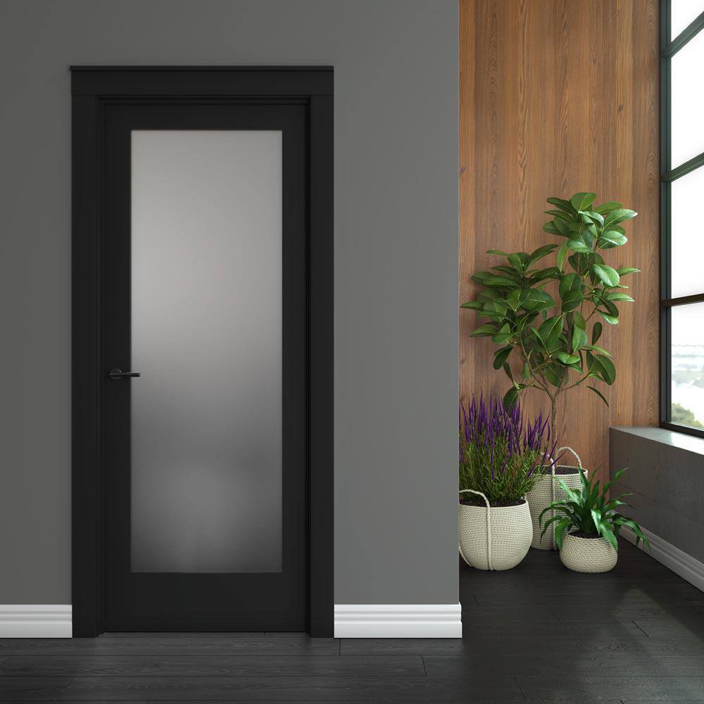 24" x 80" Black Frosted Glass Solid Wood Interior Door Slab