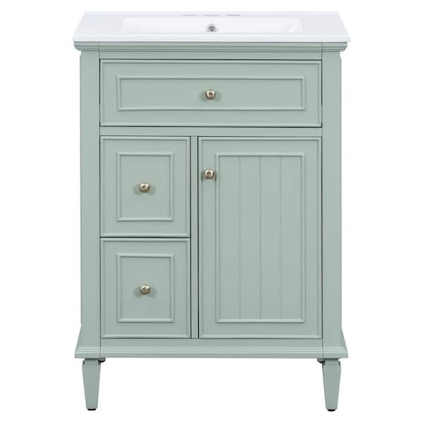 24 in. W Freestanding Bath Vanity in Green with White Ceramic Top, 1-Flip Drawer, 2-Drawers, Adjustable Shelf