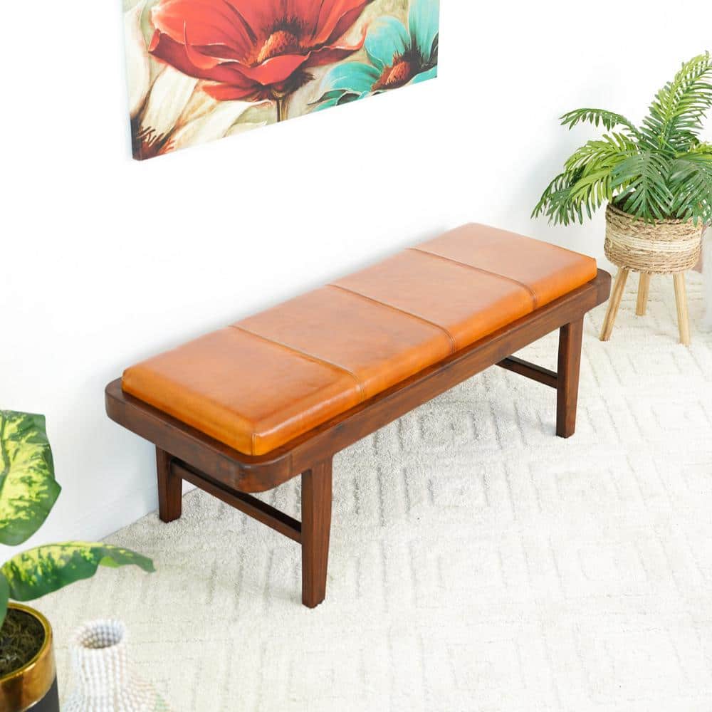 Tan Genuine Leather Teak Wood Mid-Century Modern Bench