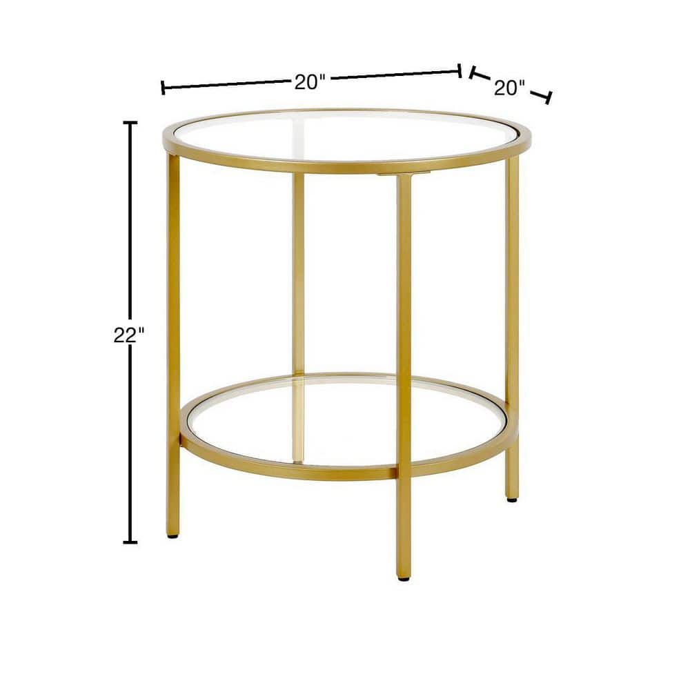 20" Round Brass & Glass Compact Side Table with Shelf