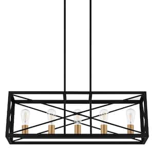 Harwood 60-Watt 5-Light Matte Black and Old Satin Brass Pendant with Cage Shade