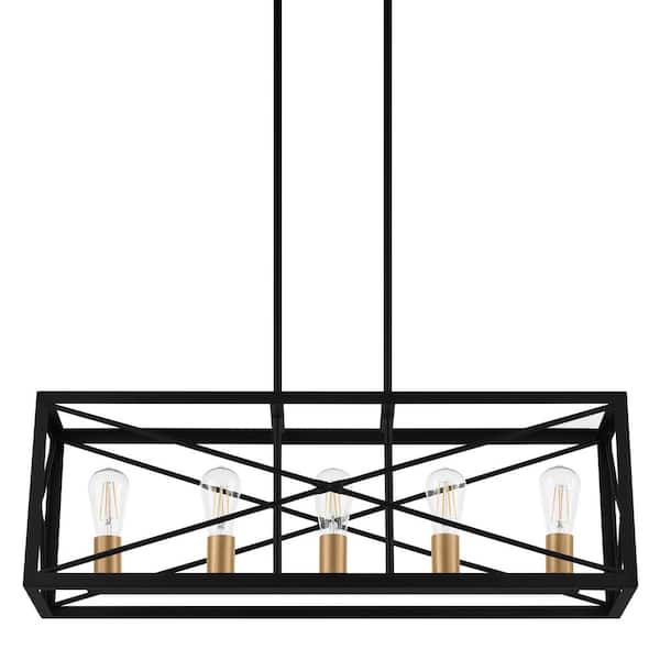 Home Decorators Collection Harwood 60-Watt 5-Light Matte Black and Old Satin Brass Pendant with Cage Shade
