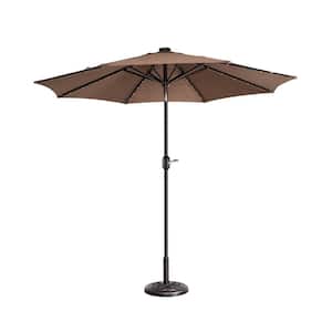 9 ft. LED Outdoor Market Patio Umbrella with Base in Brown