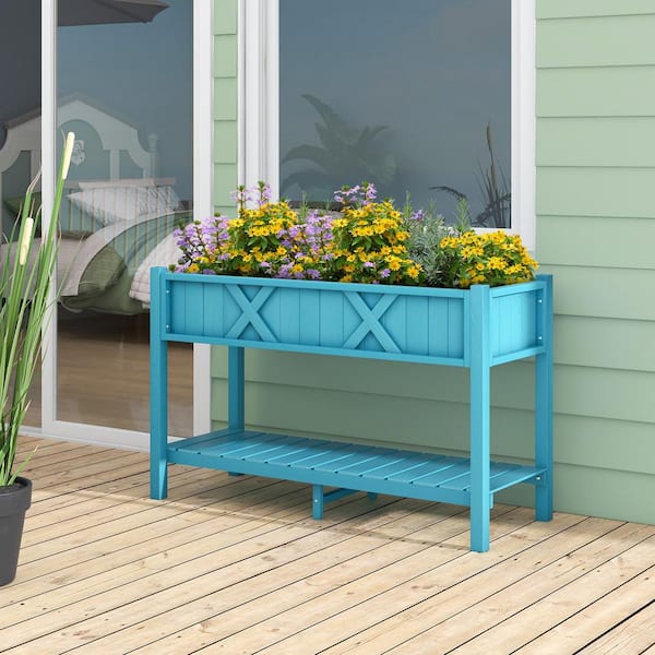 47 in. x 18 in. x 29 in. Plastic Raised Garden Bed with Storage Shelf and Drainage Holes in Blue