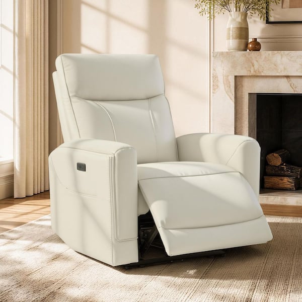 Pera Cream Top Grain Leather Wall Hugger Power Recliner with USB and Type-C, Side Pocket