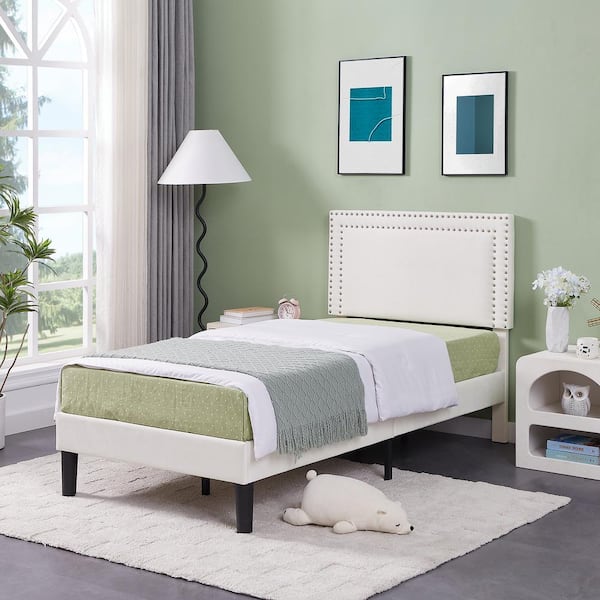 VECELO Upholstered Bed with Adjustable Headboard, No Box Spring Needed Platform Bed Frame, Bed Frame White Twin Bed