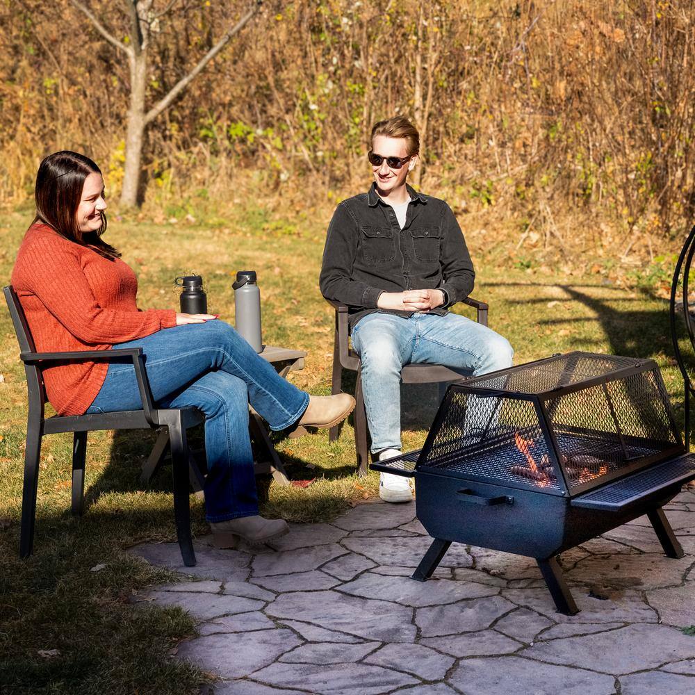 Black Steel Outdoor Fire Pit with Grill and Spark Screen