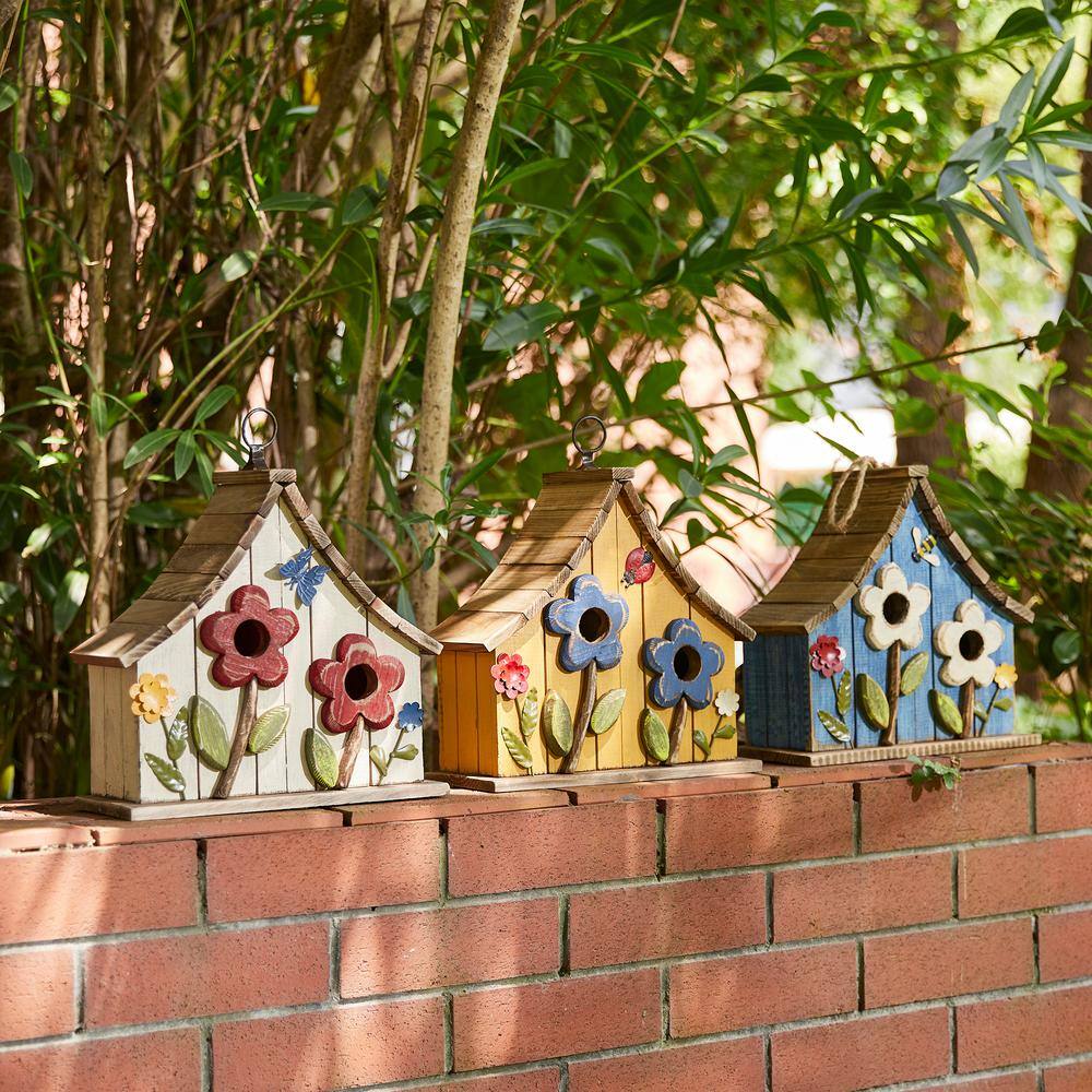 Distressed White Wooden Two-Story Garden Birdhouse with 3D Flowers