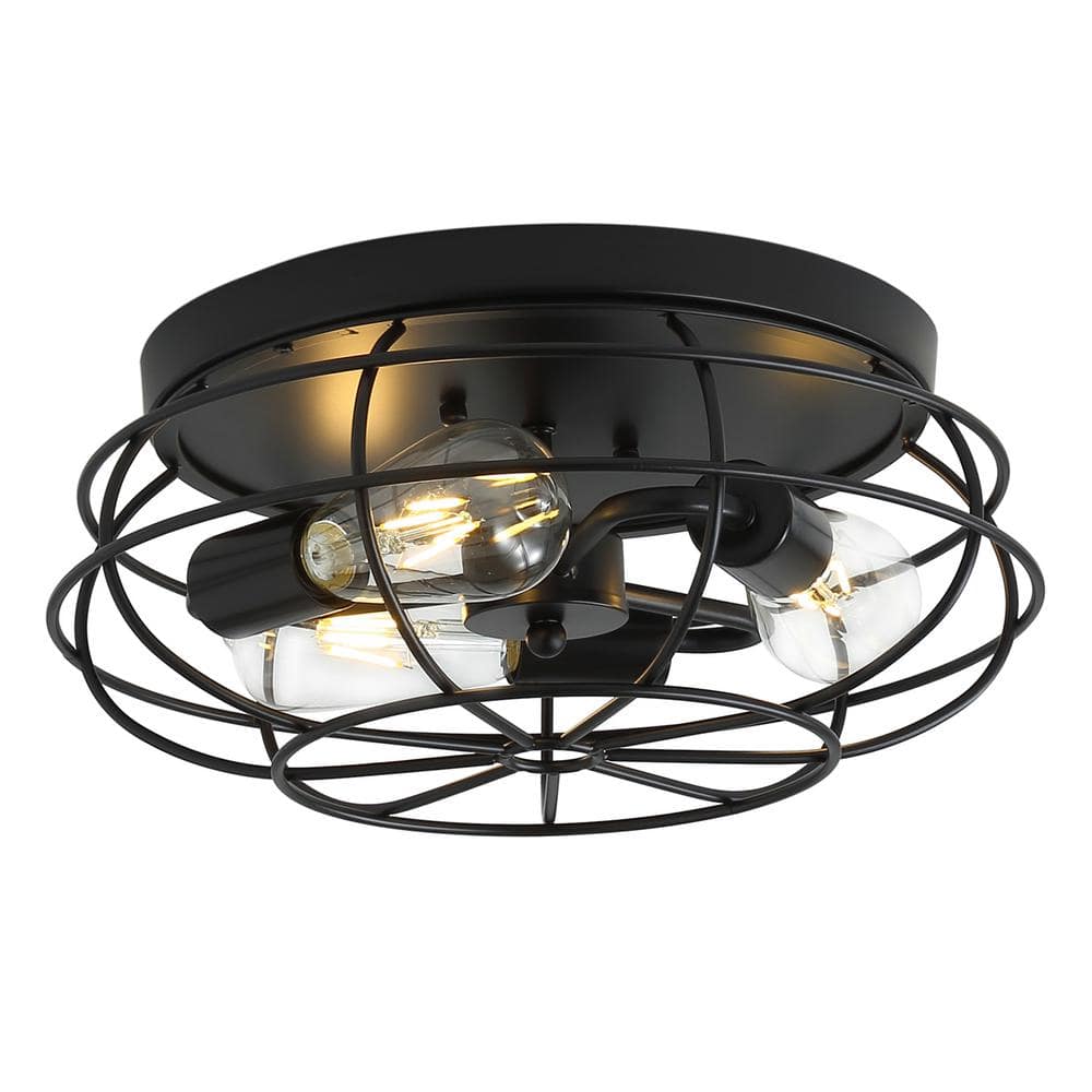 14.6 in. 3-Light Black Farmhouse Vintage Metal Caged Lantern Flush Mount Ru