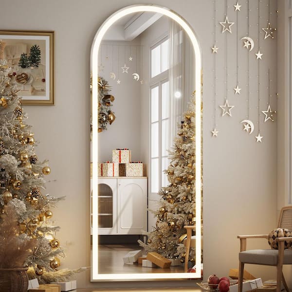 XRAMFY 20 in. W x 63 in. H LED Light Arched White Aluminum Alloy Framed Rounded Full Length Mirror Floor Mirror
