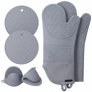 Gray Extra Long Silicone Oven Mitts and Pot Holders Set 6-Pack, High Heat Resistant 500° Non-Slip Potholders