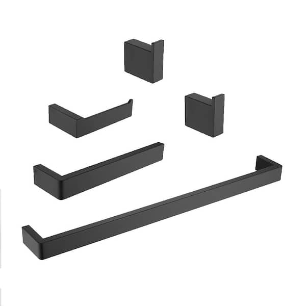 Interbath 5-Piece Bath Hardware Set with Towel Bar Toilet Paper Holder and Towel Hook in Matte Black