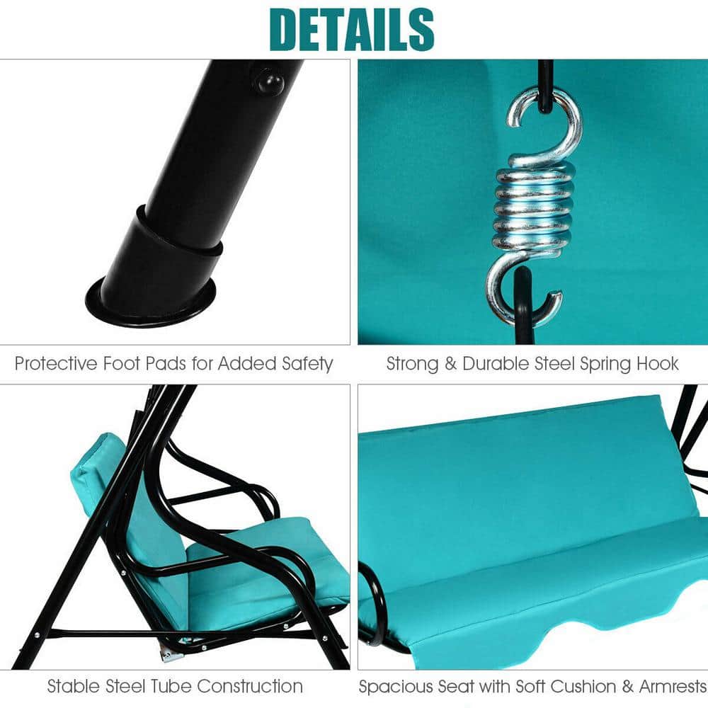 Turquoise 3-Person Steel Outdoor Patio Swing with Canopy