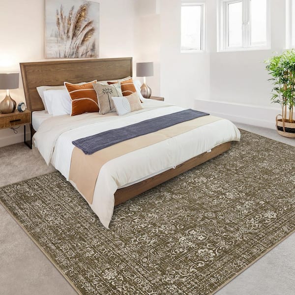 Camel 9 ft. x 12 ft. Vintage Floral Carpet Short Pile Neutral Soft Rug Non-Slip for Bedroom Living Room