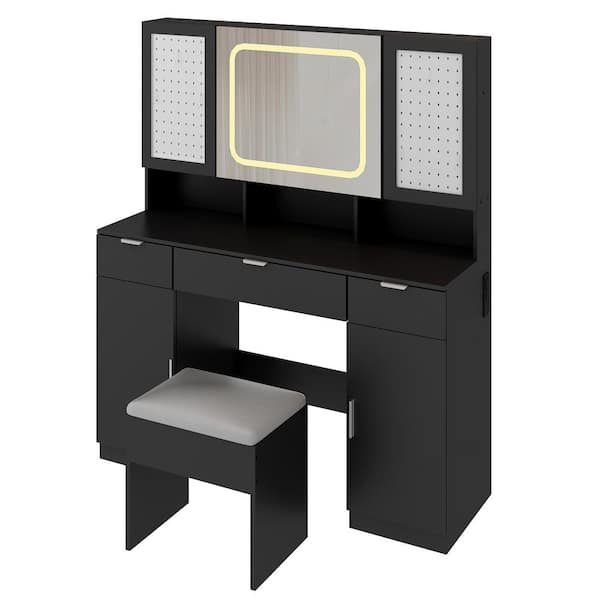 2-Piece Black Makeup Vanity Set with Mirror Cabinet