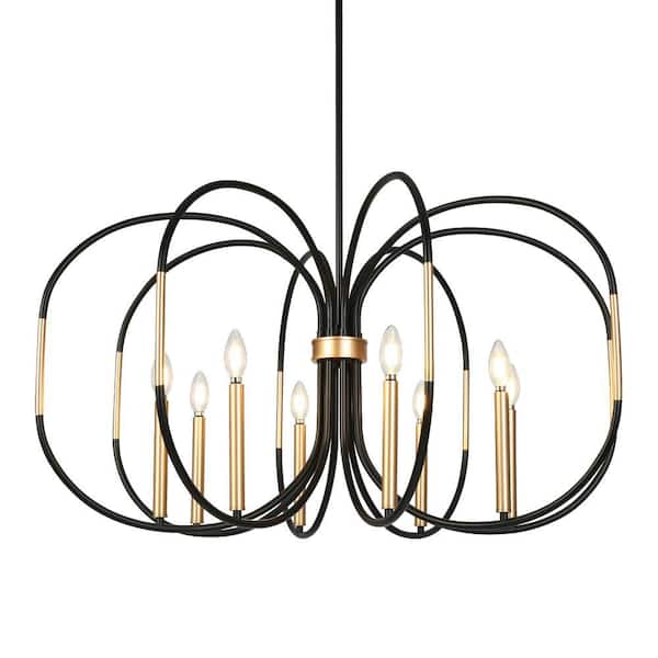 Traditional 37.8 in. W 8-Light Black Drum Chandelier, Minimalistic Dark Gold Circle Hanging Pendant Light Living Room