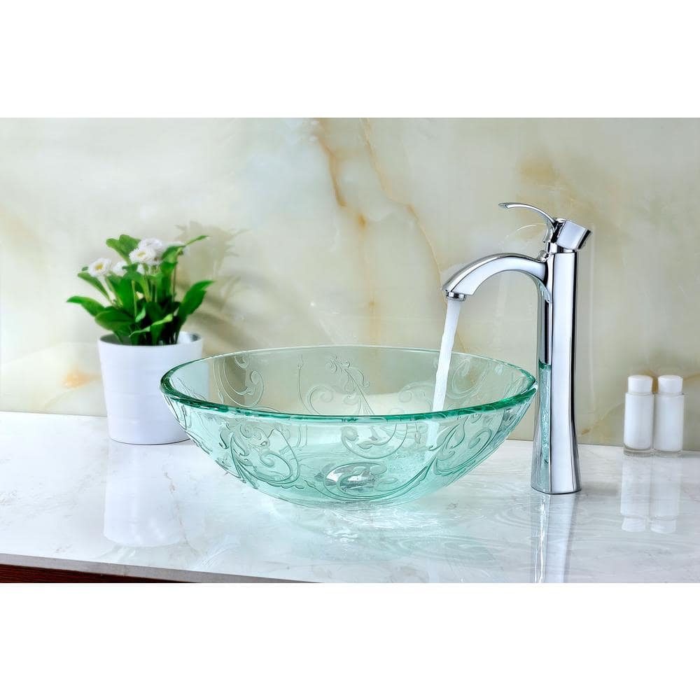 Vieno 16.5'' Clear Floral Etched Glass Vessel Sink