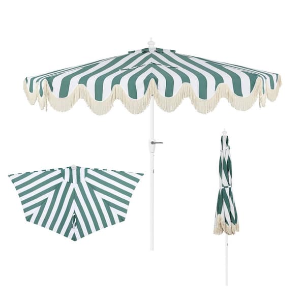 Beverly 9 ft. Scalloped Fringe Half Market Patio Umbrella with Crank, Tilt Button and UV Protection in Green/White
