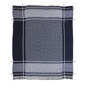 Minimal Modern Navy Blue/White Plaid Fringed Queen Cotton Coverlet