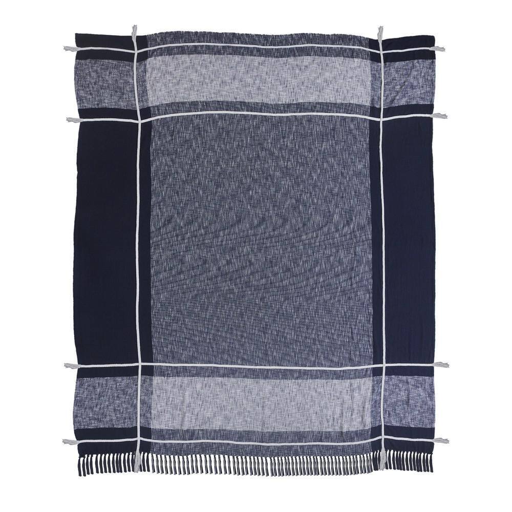 Minimal Modern Navy Blue/White Plaid Fringed Queen Cotton Coverlet