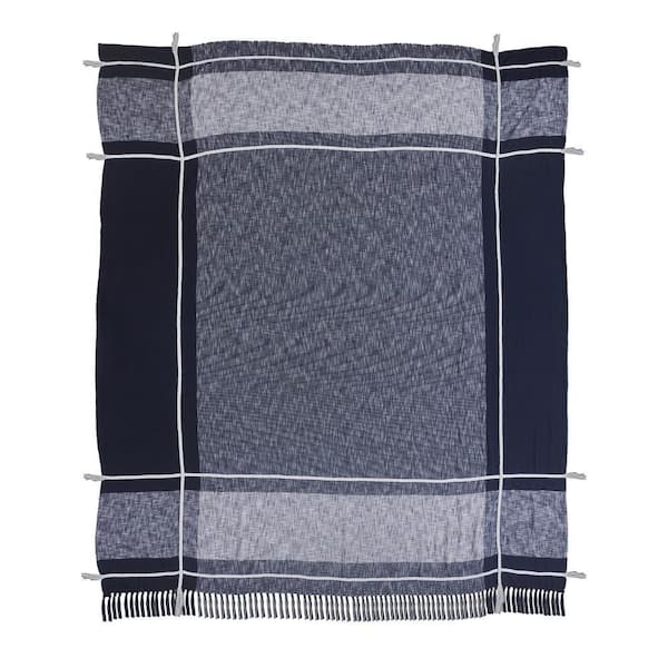 Unbranded Minimal Modern Navy Blue/White Plaid Fringed Queen Cotton Coverlet