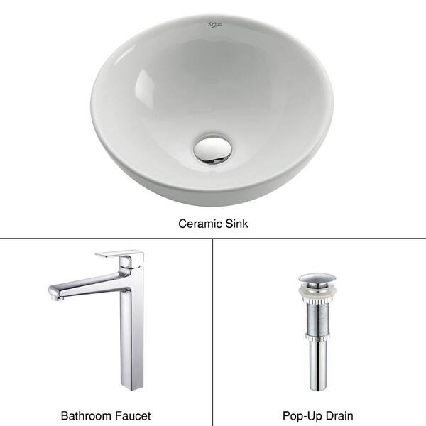 KRAUS Soft Round Ceramic Vessel Sink in White with Virtus Faucet in Chrome