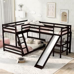 Espresso Twin Over Full L-Shaped Triple Bunk Beds with Slide and Desk, 3 Kids Wood Bunk Bed Frame with 2 Ladders