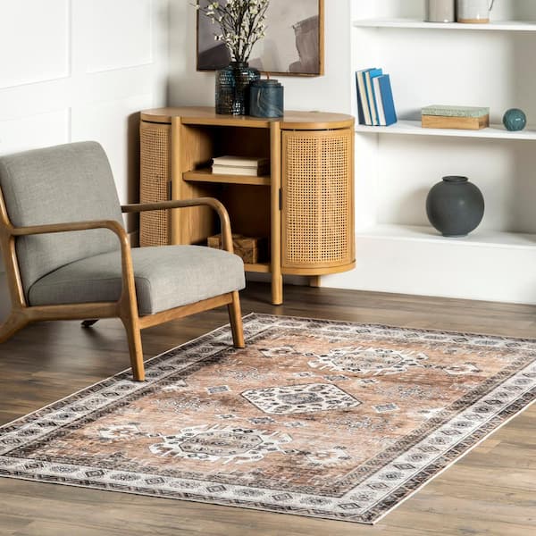 Evelina Traditional Spill-Proof Machine Washable Rust Doormat 3 ft. x 5 ft. Accent Rug