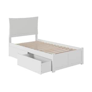 Metro White Twin XL Solid Wood Storage Platform Bed with Flat Panel Foot Board and 2 Bed Drawers