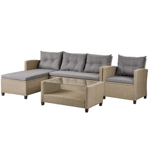Wicker Ratten Outdoor Patio Furniture Set, 4-Piece Brown Conversation Set Sectional Sofa with Gray Seat Cushions