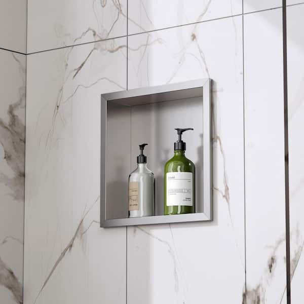 12 in. W x 12 in. H x 4 in. D Waterproof Recessed Shower Niche Storage Shelf in Brushed Nickel, No Tile Needed
