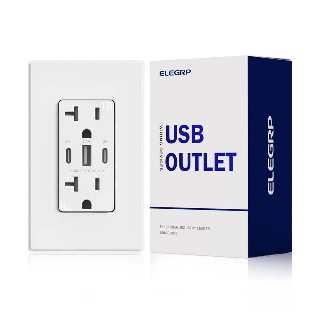 ELEGRP 30W 6.0 Amp 3-Port USB Wall Outlet, 20A Duplex Receptacle w/Dual ...
