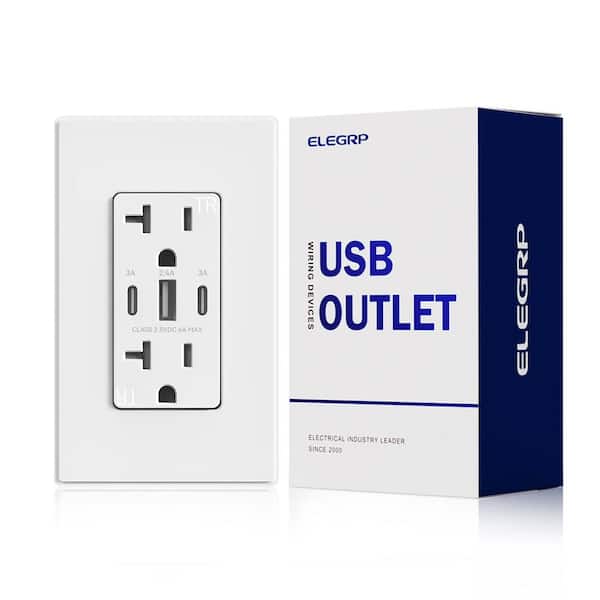 30W 6.0 Amp 3-Port USB Wall Outlet, 20A Duplex Receptacle w/Dual Type C & A Ports,UL Listed, w/Wall Plate,Matte WH 1PC