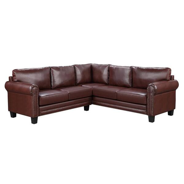 J&E Home 86in. W Rolled Arm 4-Piece L Shaped Solid Faux Leather Mid-Century  Sectional Sofa with Rivet Ornament in Brown GD-SG000390AAA - The Home Depot