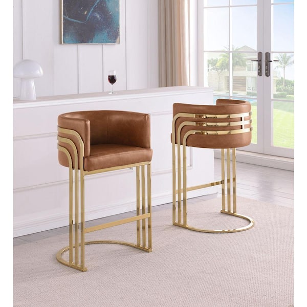 Elaine 33 in. H Toffee Low Back Gold Metal Frame Counter Stool With Leath-Aire Upholstery Set of 2