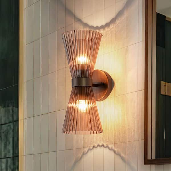 HUOKU Nimbus 2-Light 5.9 in.W Rusty Brown Wall Sconce with Cone Amber Glass Up & Down Lighting for Living Room (1-Pack)