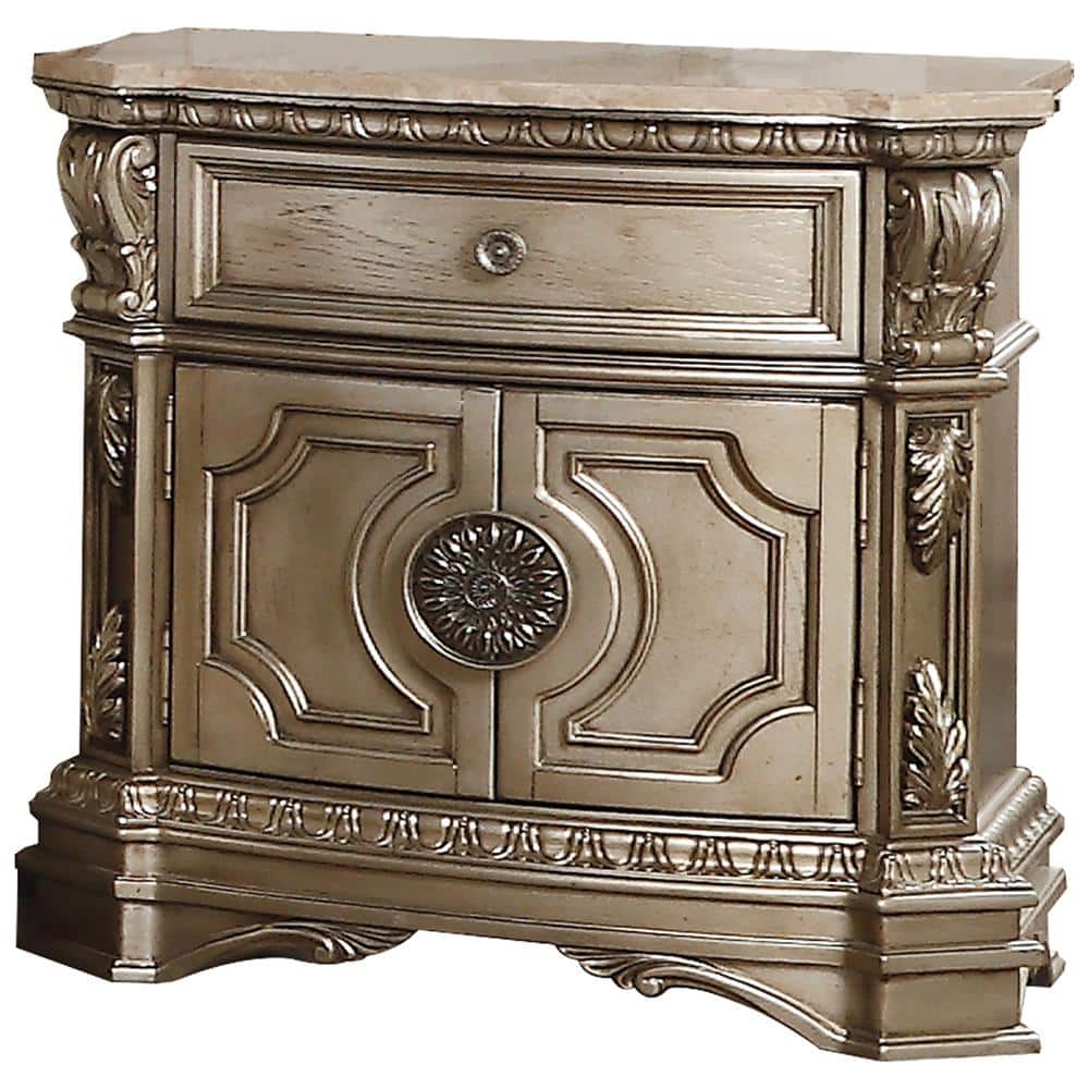 Antique Silver Marble Top Nightstand with Carved Feet