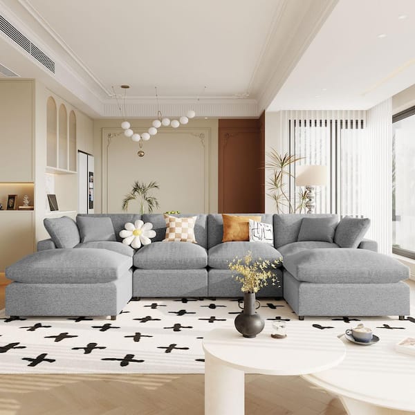 Harper & Bright Designs 134.4 in. 6-piece Modern Large Polyester Modular Sectional Sofa in Gray with 2 Ottomans