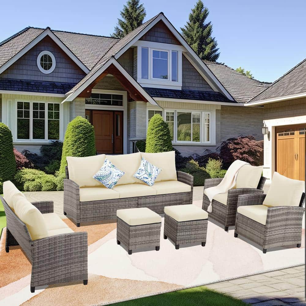 Grey 5-Piece Wicker Outdoor Patio Sectional Sofa Set with Beige Cushions, 2