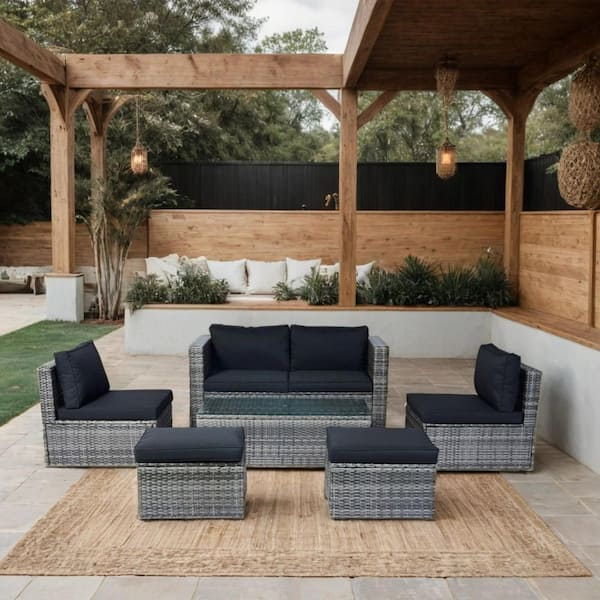6 Pieces Patio Wicker Sectional Set Patio Backyard Conversation Set Space Saving Grey Wicker and Black Cushion
