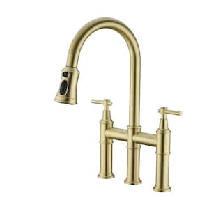 Double-Handle Deck Mount Brass Gooseneck Pull Down Sprayer Bridge Kitchen Faucet in Brushed Gold