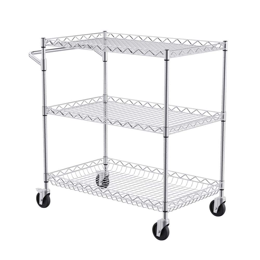 3-Tier Kitchen Cart 661 lbs. Capacity Wire Rolling Cart, Steel Service Trolley with 80 mm Deep Basket, Silver