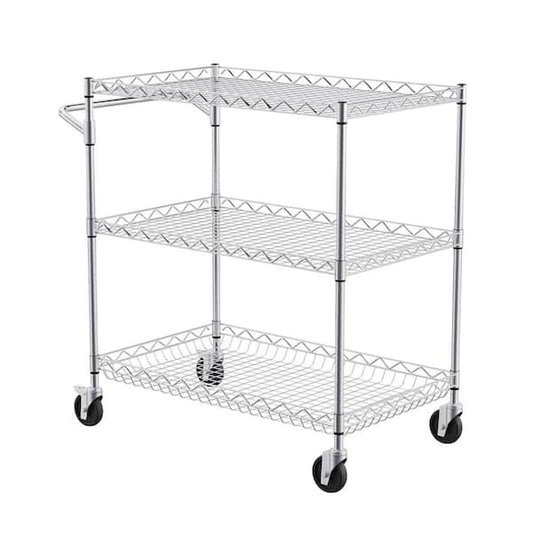 3-Tier Kitchen Cart, 661 lbs. Capacity, Steel Service Trolley with 3.15 in. Deep Basket, Curved Handle and 6-Hooks