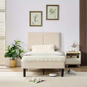 Bed Frame with Type-C and USB Ports, Upholstered Platform Height-Adjustable Cotton and Linen Headboard, Beige Twin Bed